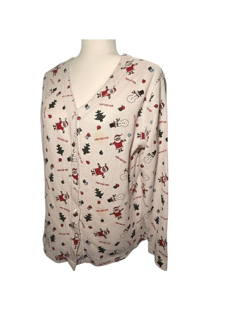 Delicates Christmas Pajama Top, Santa, Trees, Snowman Graphics, Size Medium
